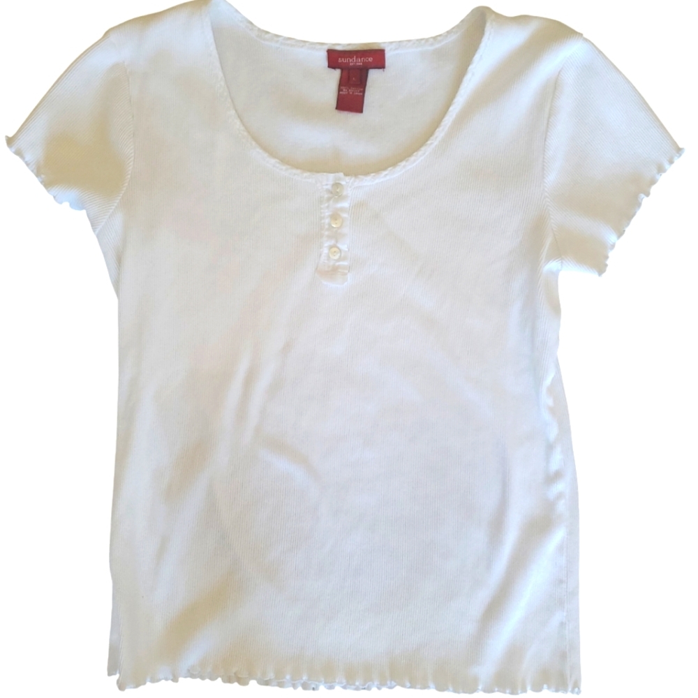 Sundance White Short Sleeve Top Ribbed Fabric, Henley, Scalloped Hems Size Large